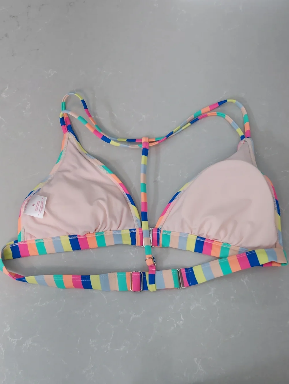 Xhileration Bikini Top, Size XL, Striped Colorful, Front Close, T-Back